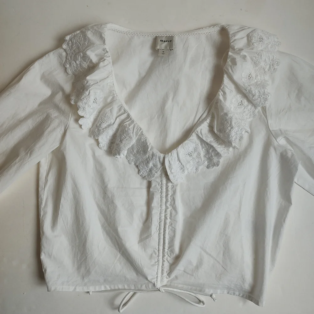Maeve White Ruffled V-Neck Drawstring Blouse